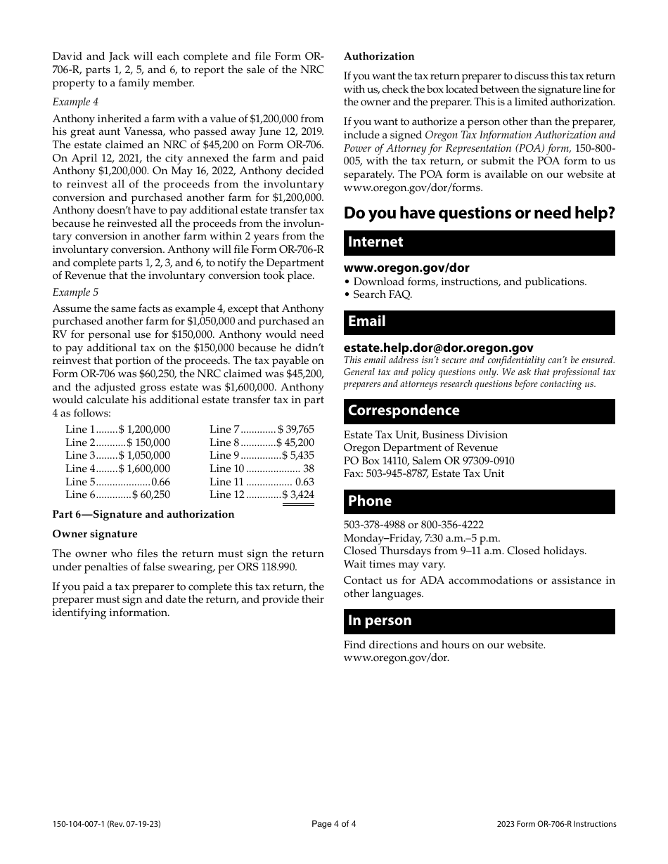 Instructions for Form OR-706-R, 150-104-007 Repayment of Oregon Natural Resource Credit - Oregon, Page 4
