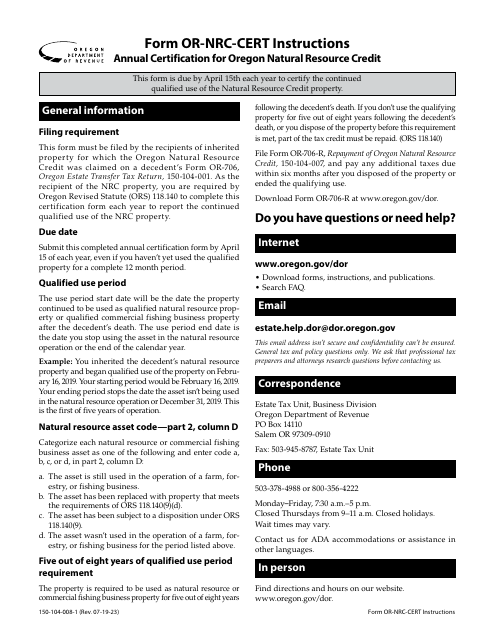 Instructions for Form OR-NRC-CERT, 150-104-008 Annual Certification for Oregon Natural Resource Credit - Oregon