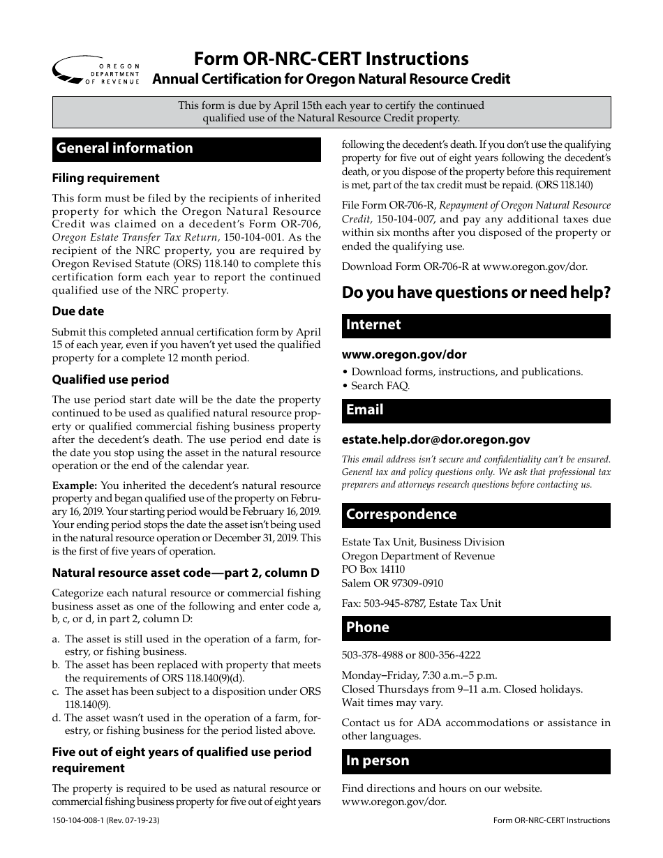 Instructions for Form OR-NRC-CERT, 150-104-008 Annual Certification for Oregon Natural Resource Credit - Oregon, Page 1