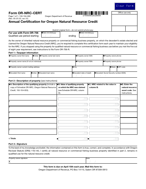 Form OR-NRC-CERT  Printable Pdf