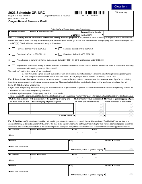 Form 150-104-003 Schedule OR-NRC Oregon Natural Resource Credit - Oregon, 2023