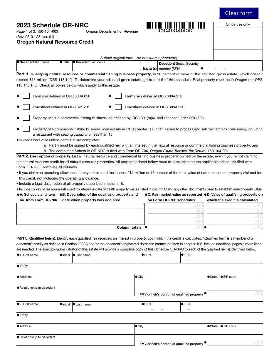 Form 150-104-003 Schedule OR-NRC Oregon Natural Resource Credit - Oregon, Page 1