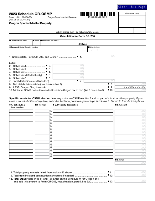 Form 150-104-004 Schedule OR-OSMP Oregon Special Marital Property - Oregon, 2023