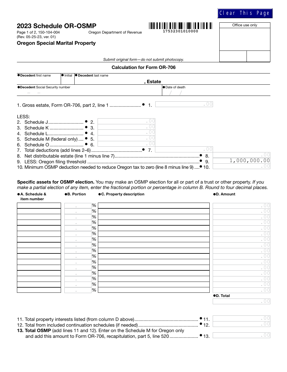 Form 150-104-004 Schedule OR-OSMP Oregon Special Marital Property - Oregon, Page 1
