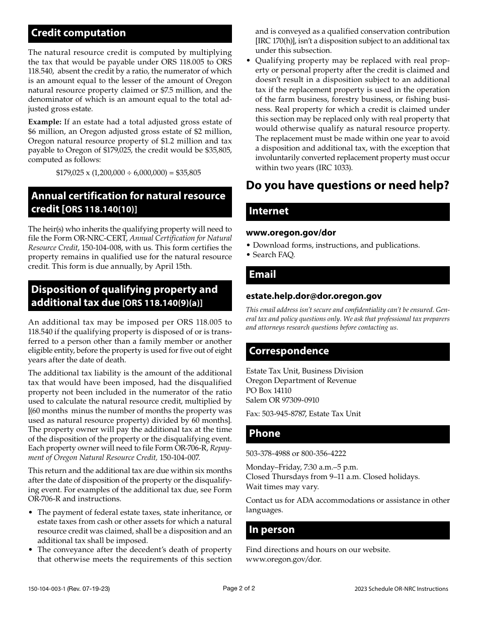 Instructions for Form 150-104-003 Schedule OR-NRC Oregon Natural Resource Credit - Oregon, Page 2