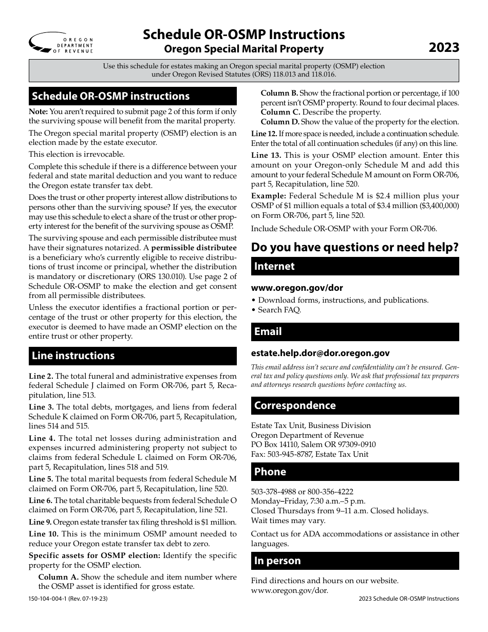 Download Instructions for Form 150104004 Schedule OROSMP Oregon