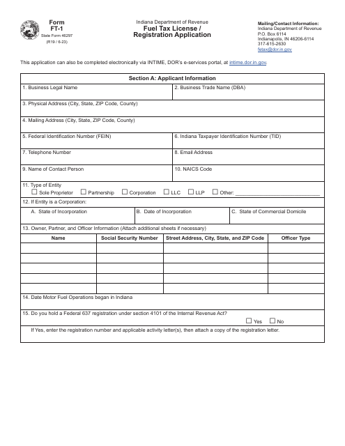 Form FT-1 (State Form 46297) Fuel Tax License/Registration Application - Indiana
