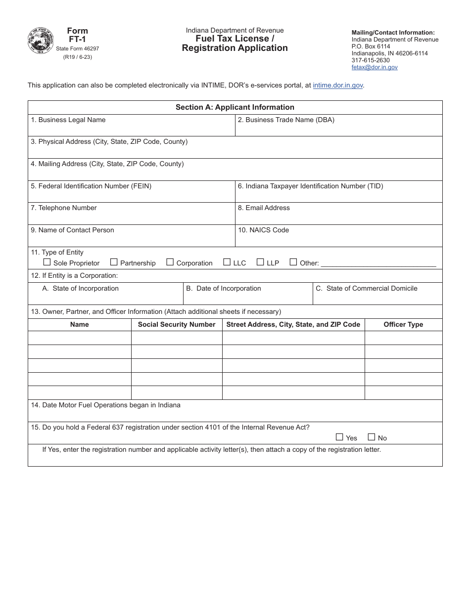 Form FT-1 (State Form 46297) Fuel Tax License / Registration Application - Indiana, Page 1