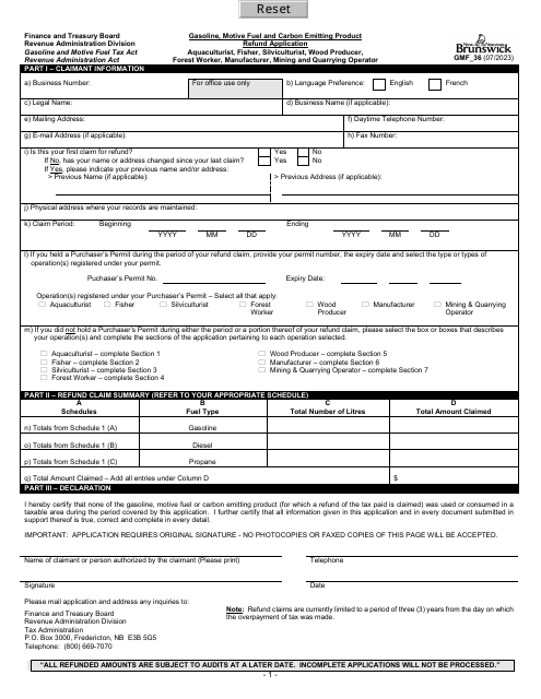 Form GMF_36 Gasoline, Motive Fuel and Carbon Emitting Product Refund Application - Aquaculturist, Fisher, Silviculturist, Wood Producer, Forest Worker, Manufacturer, Mining and Quarrying Operator - New Brunswick, Canada