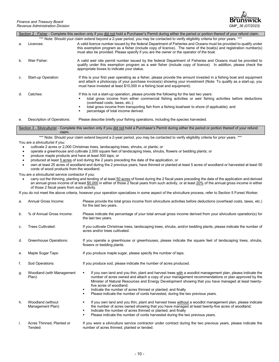 Form GMF_36 Gasoline, Motive Fuel and Carbon Emitting Product Refund Application - Aquaculturist, Fisher, Silviculturist, Wood Producer, Forest Worker, Manufacturer, Mining and Quarrying Operator - New Brunswick, Canada, Page 10