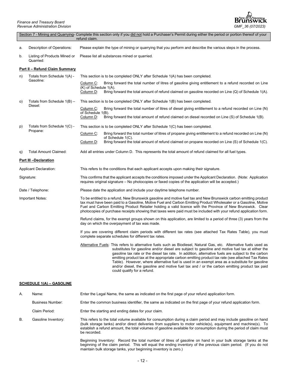 Form GMF_36 Gasoline, Motive Fuel and Carbon Emitting Product Refund Application - Aquaculturist, Fisher, Silviculturist, Wood Producer, Forest Worker, Manufacturer, Mining and Quarrying Operator - New Brunswick, Canada, Page 12