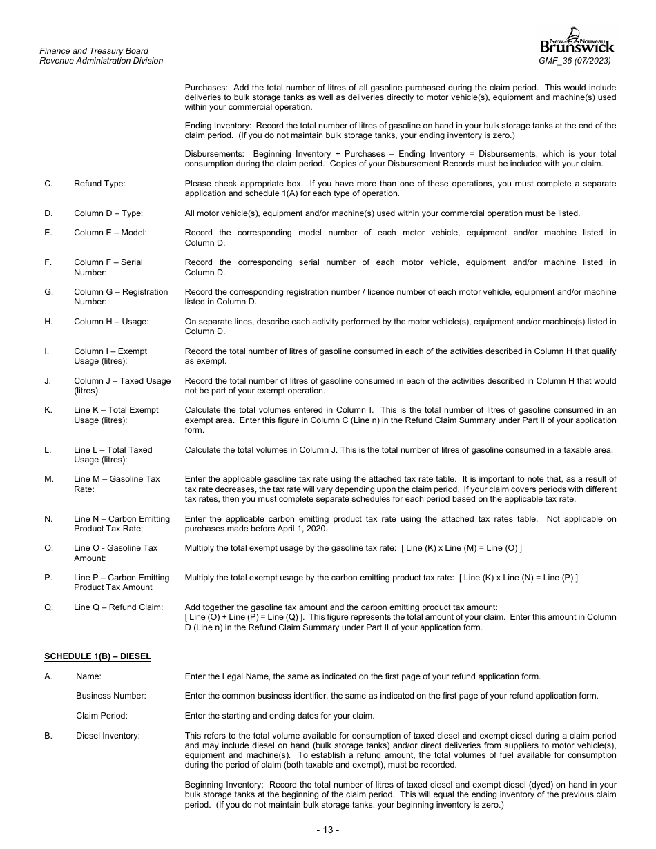 Form GMF_36 Gasoline, Motive Fuel and Carbon Emitting Product Refund Application - Aquaculturist, Fisher, Silviculturist, Wood Producer, Forest Worker, Manufacturer, Mining and Quarrying Operator - New Brunswick, Canada, Page 13
