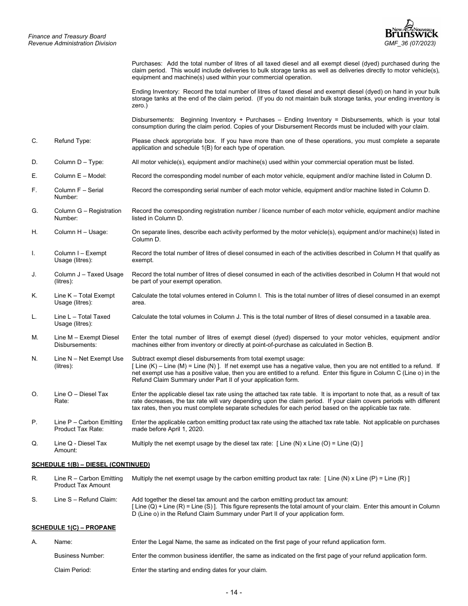 Form GMF_36 Gasoline, Motive Fuel and Carbon Emitting Product Refund Application - Aquaculturist, Fisher, Silviculturist, Wood Producer, Forest Worker, Manufacturer, Mining and Quarrying Operator - New Brunswick, Canada, Page 14