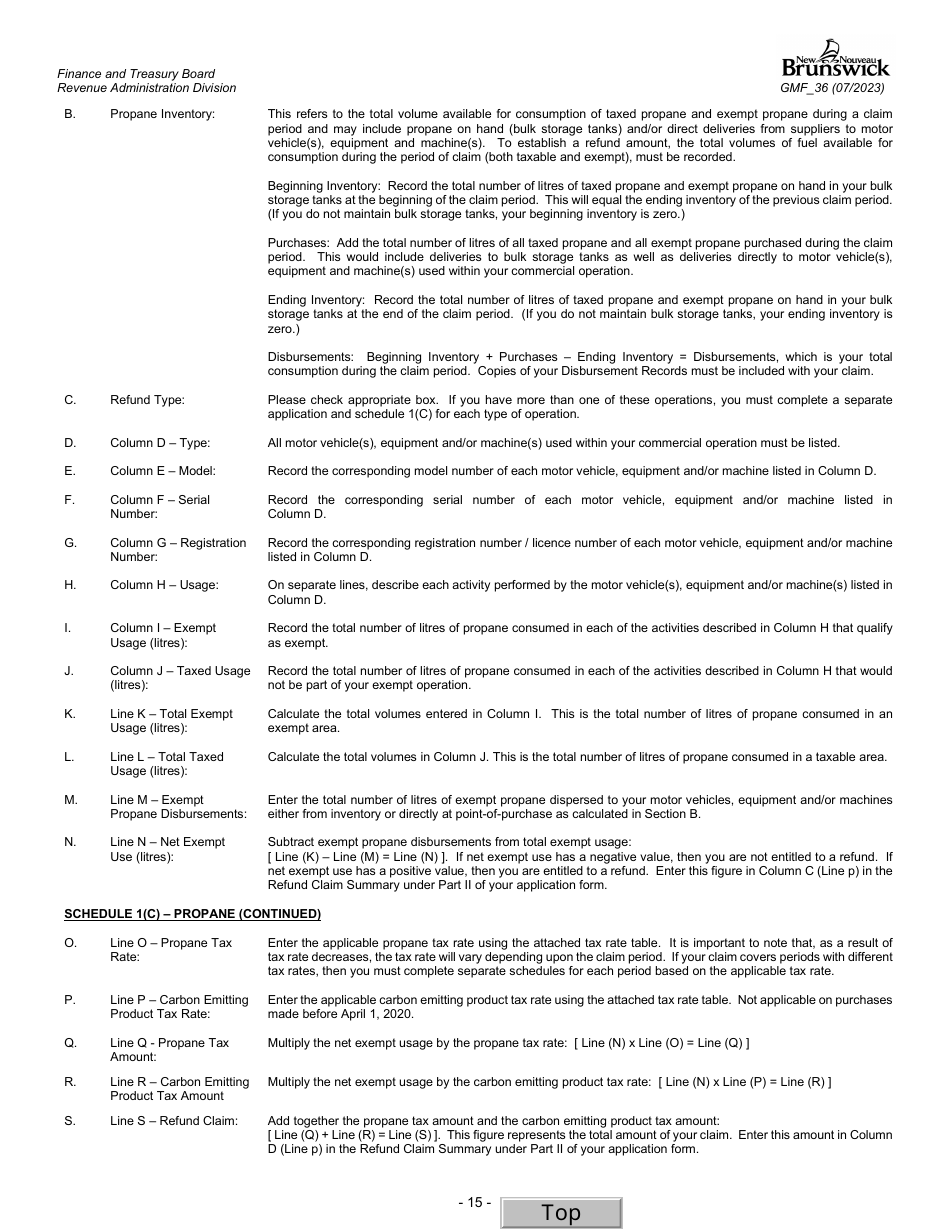 Form GMF_36 Gasoline, Motive Fuel and Carbon Emitting Product Refund Application - Aquaculturist, Fisher, Silviculturist, Wood Producer, Forest Worker, Manufacturer, Mining and Quarrying Operator - New Brunswick, Canada, Page 15