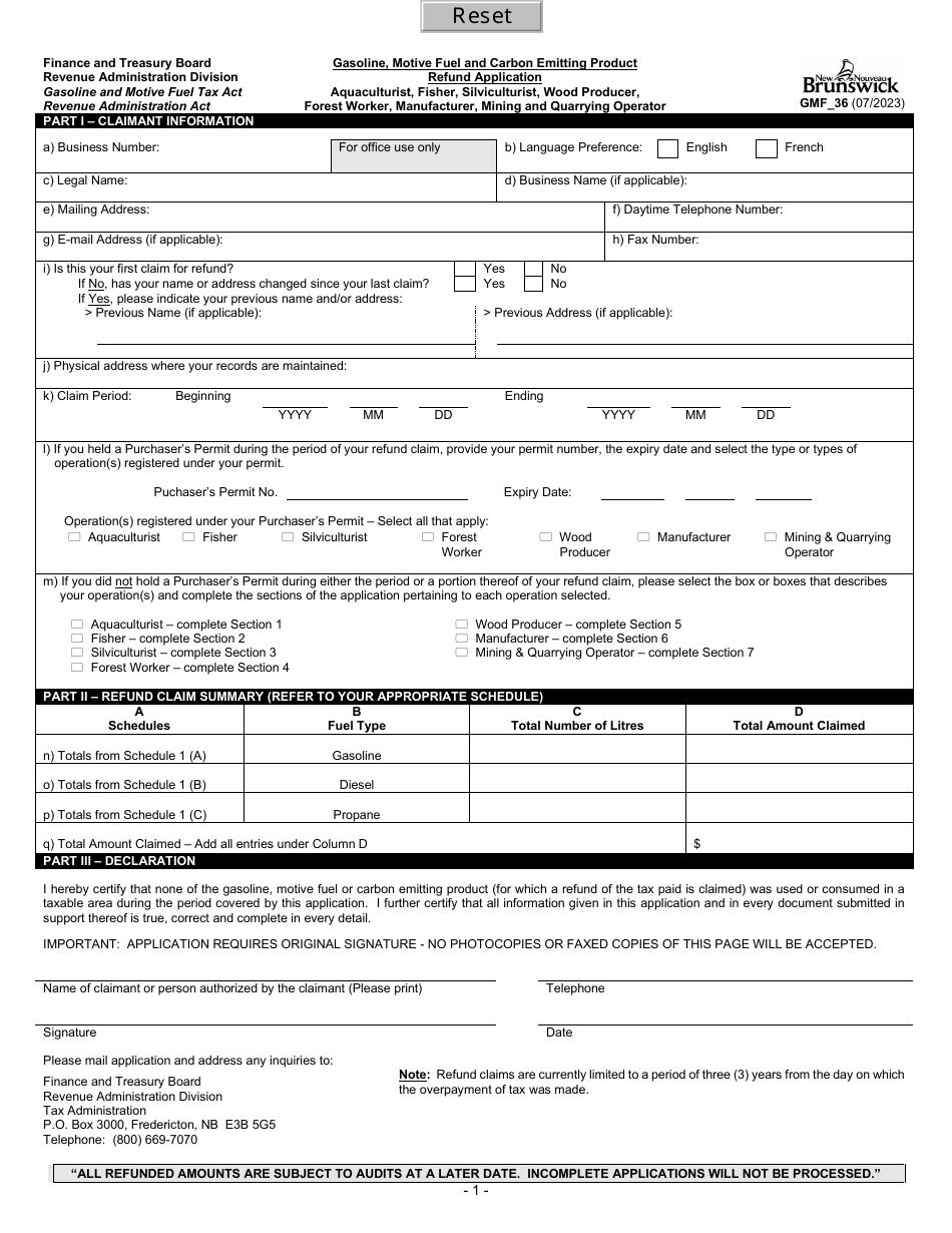 Form GMF_36 Gasoline, Motive Fuel and Carbon Emitting Product Refund Application - Aquaculturist, Fisher, Silviculturist, Wood Producer, Forest Worker, Manufacturer, Mining and Quarrying Operator - New Brunswick, Canada, Page 1