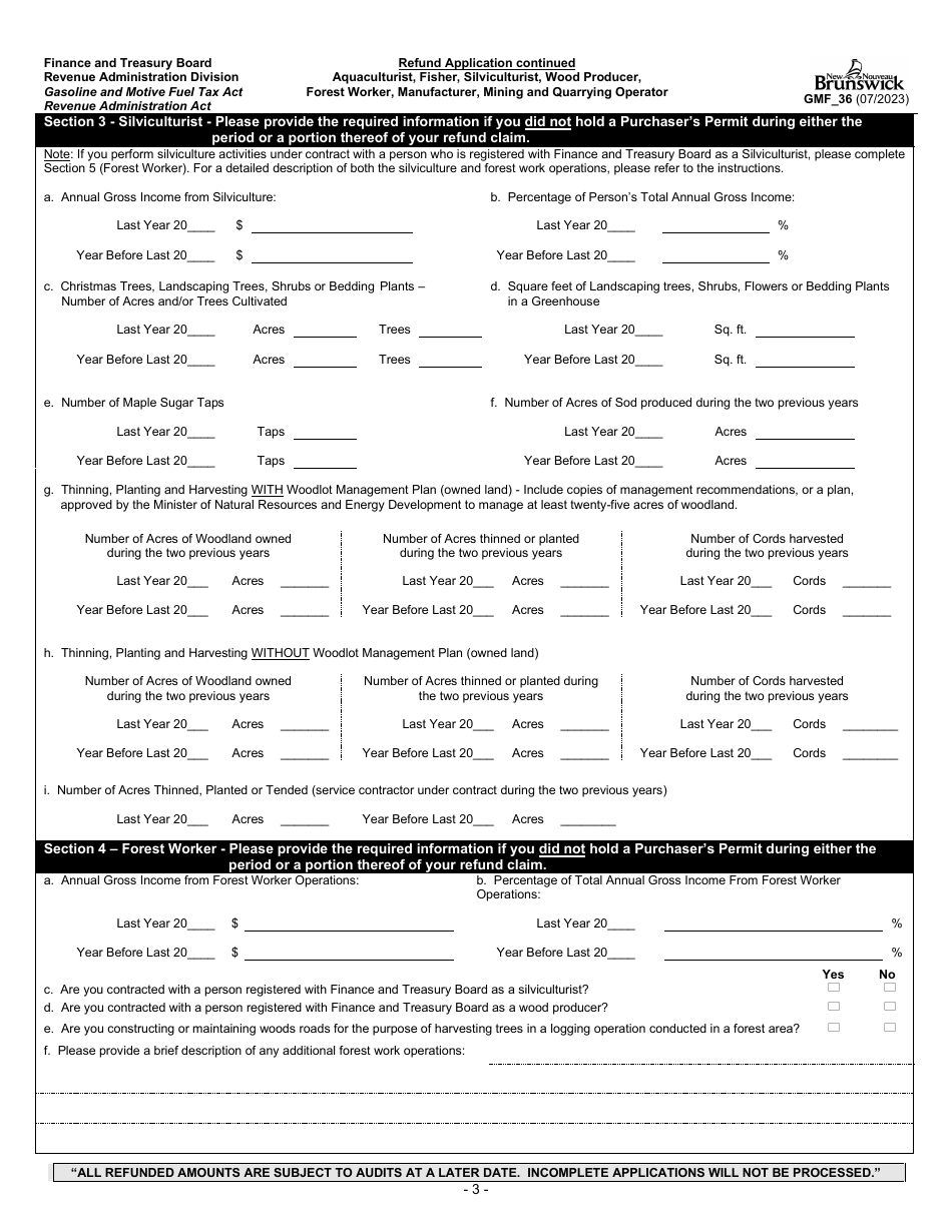 Form GMF_36 Gasoline, Motive Fuel and Carbon Emitting Product Refund Application - Aquaculturist, Fisher, Silviculturist, Wood Producer, Forest Worker, Manufacturer, Mining and Quarrying Operator - New Brunswick, Canada, Page 3