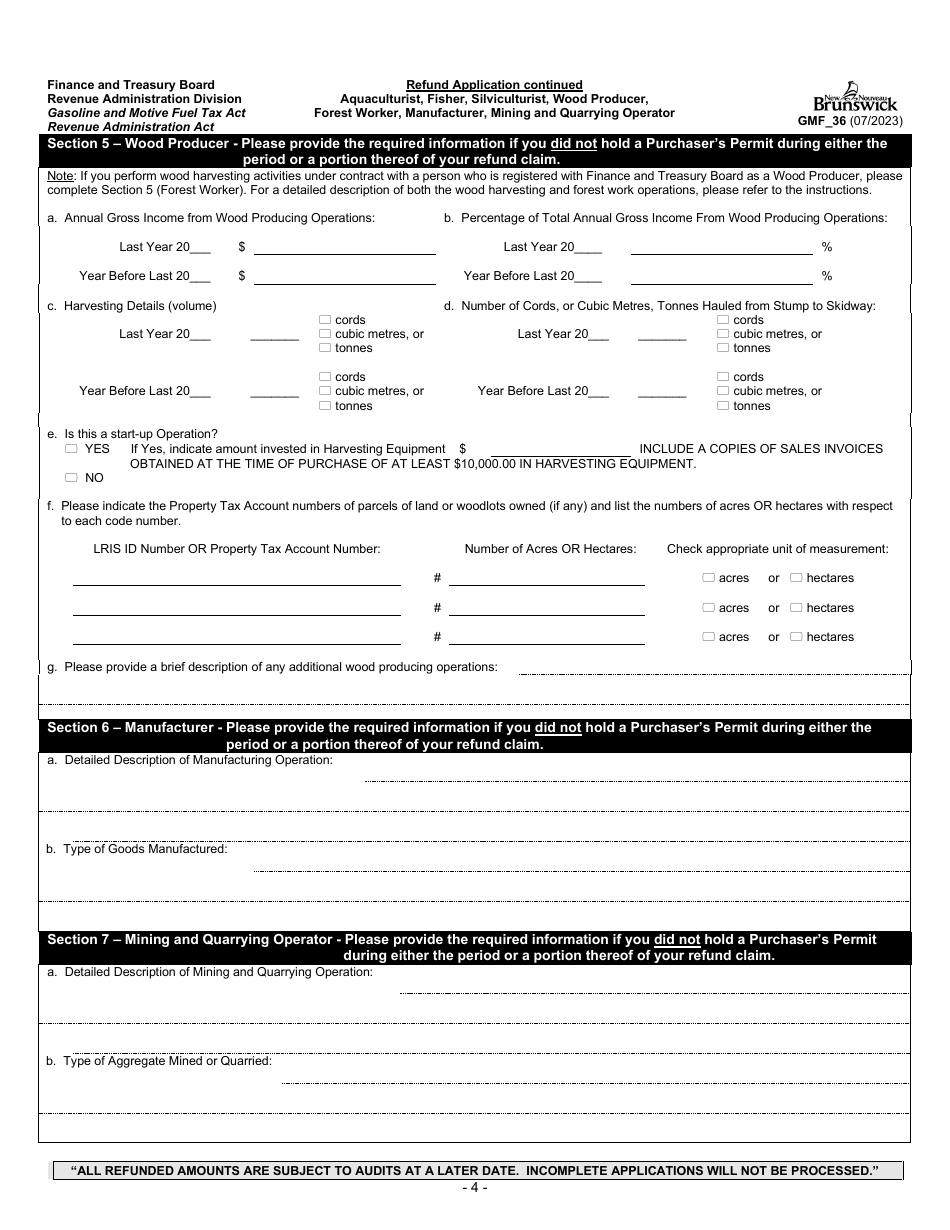 Form GMF_36 Gasoline, Motive Fuel and Carbon Emitting Product Refund Application - Aquaculturist, Fisher, Silviculturist, Wood Producer, Forest Worker, Manufacturer, Mining and Quarrying Operator - New Brunswick, Canada, Page 4