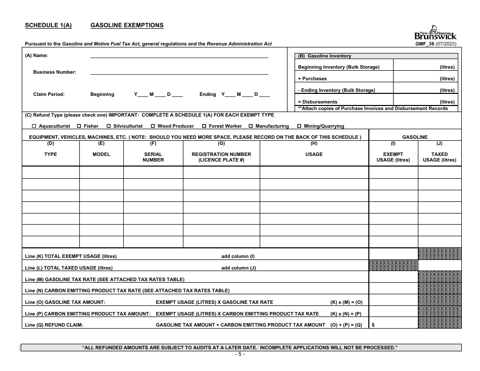 Form GMF_36 Gasoline, Motive Fuel and Carbon Emitting Product Refund Application - Aquaculturist, Fisher, Silviculturist, Wood Producer, Forest Worker, Manufacturer, Mining and Quarrying Operator - New Brunswick, Canada, Page 5