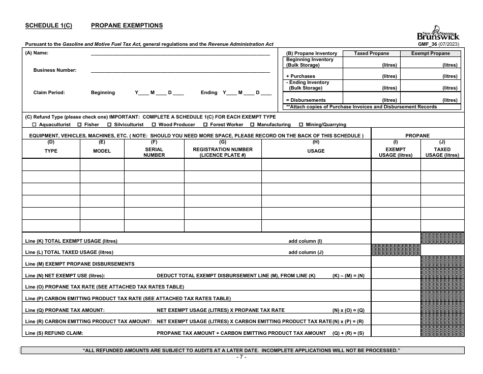 Form GMF_36 Gasoline, Motive Fuel and Carbon Emitting Product Refund Application - Aquaculturist, Fisher, Silviculturist, Wood Producer, Forest Worker, Manufacturer, Mining and Quarrying Operator - New Brunswick, Canada, Page 7
