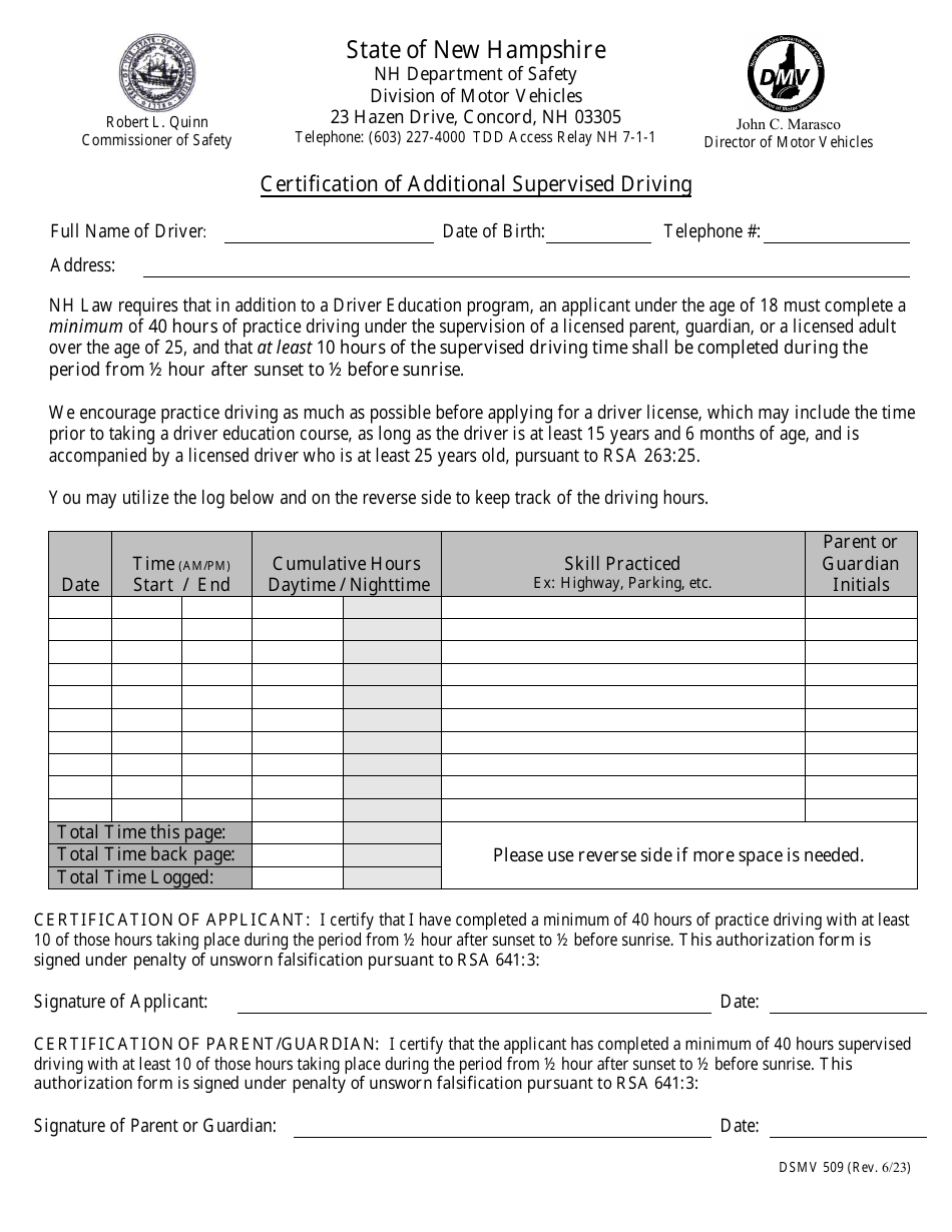 Form DSMV509 Certification of Additional Supervised Driving - New Hampshire, Page 1