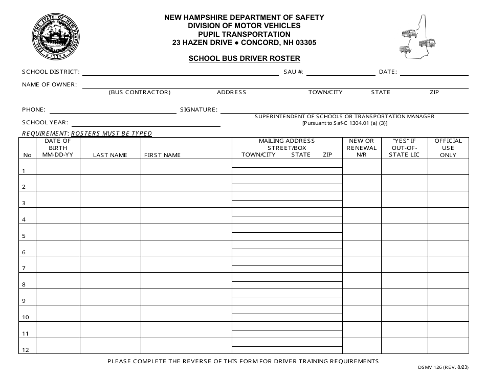 Form DSMV126 School Bus Driver Roster - New Hampshire, Page 1