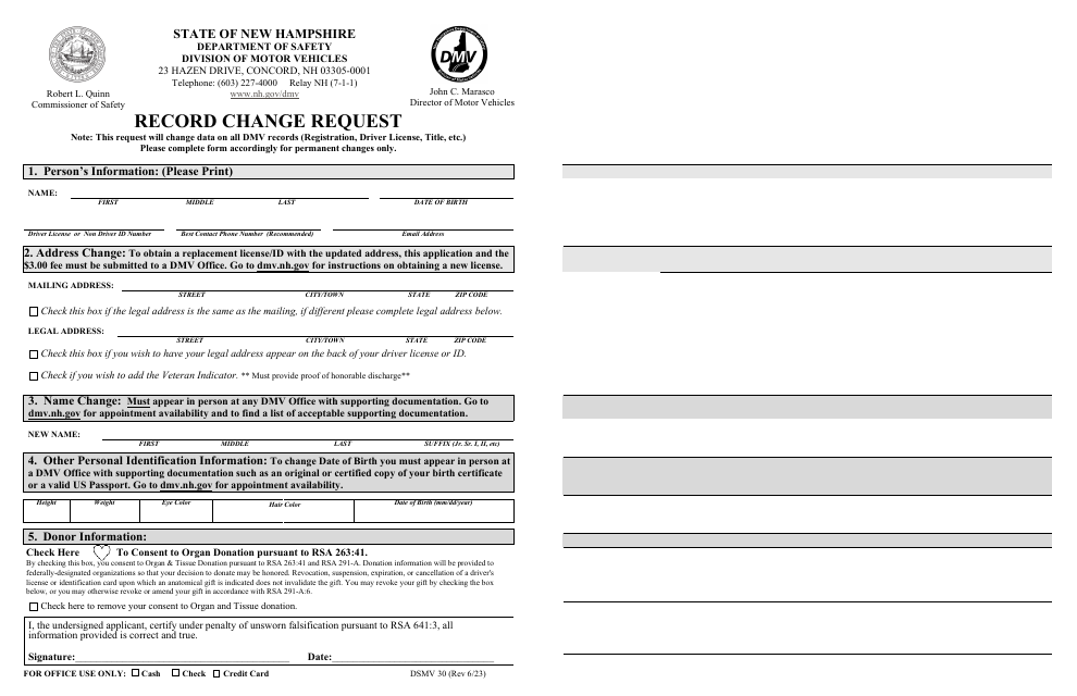 Form DSMV30 Record Change Request - New Hampshire