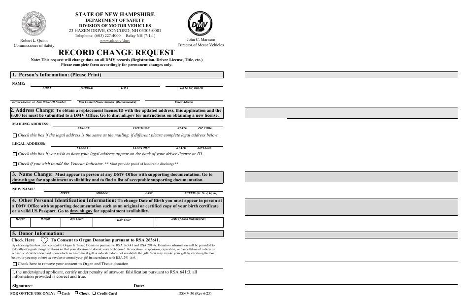 Form DSMV30 Record Change Request - New Hampshire, Page 1