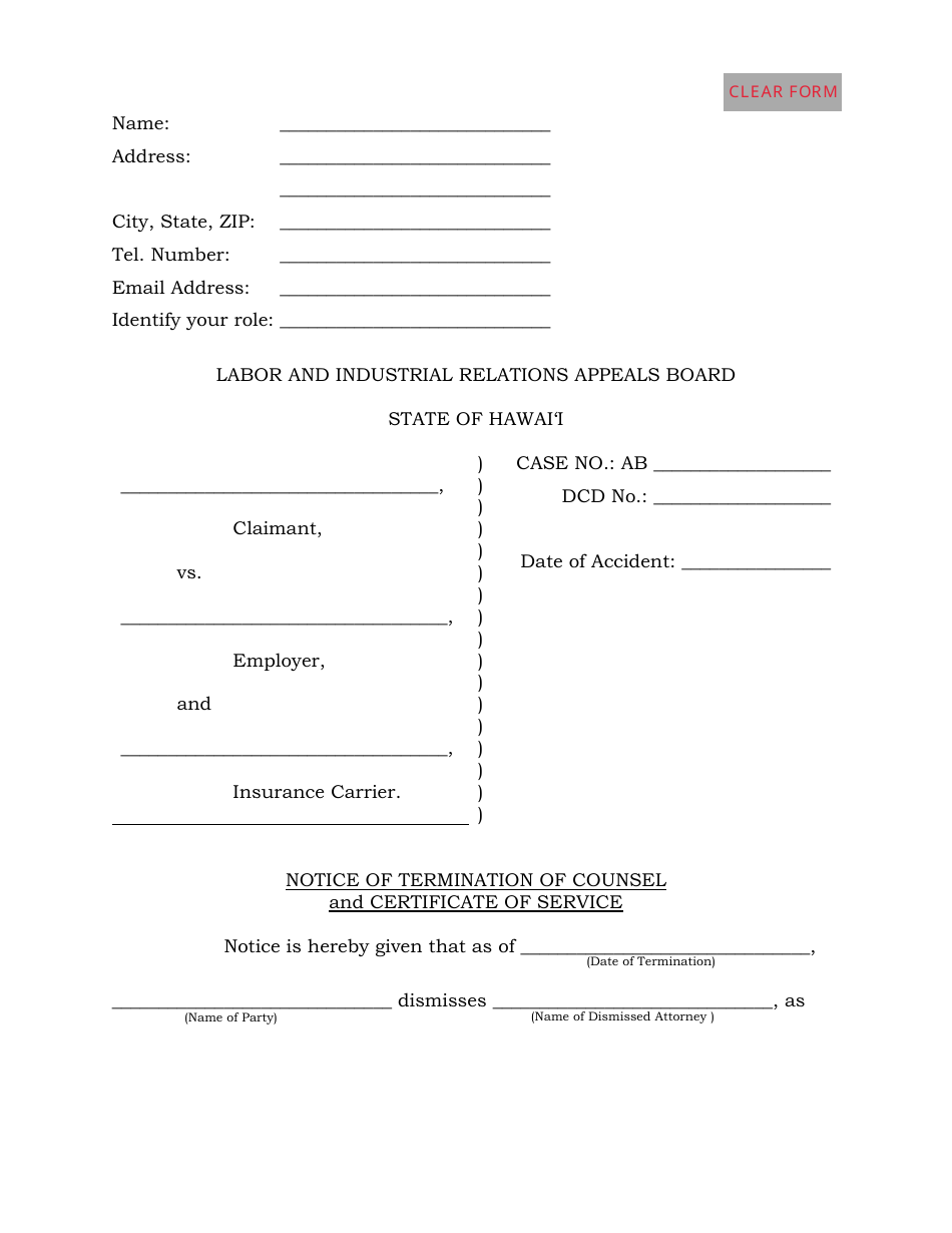 Notice of Termination of Counsel and Certificate of Service - Hawaii, Page 1
