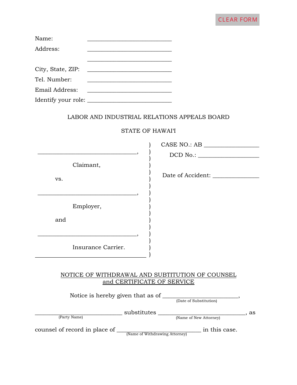 Notice of Withdrawal and Subtitution of Counsel and Certificate of Service - Hawaii, Page 1