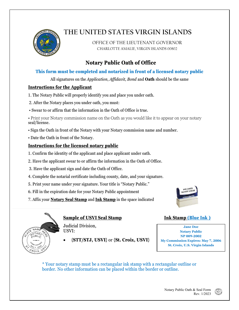 Notary Public Oath  Seal Form - Virgin Islands, Page 1
