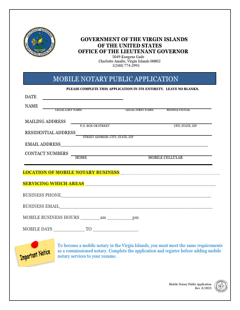 Mobile Notary Public Application - Virgin Islands Download Pdf