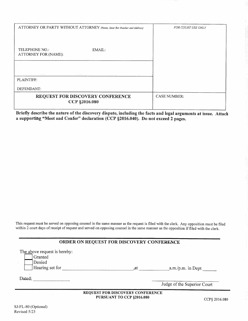 Form SJ-FL-80 Request for Discovery Conference - County of San Joaquin, California, Page 1
