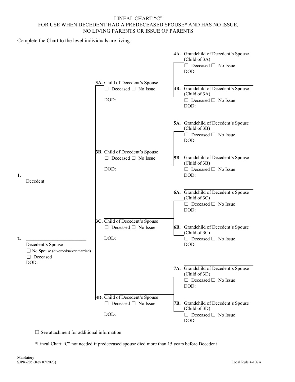 Form SJPR-205 Lineal Chart C - Decedent Had a Predeceased Spouse and No Issue - County of San Joaquin, California, Page 1