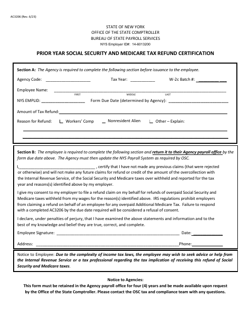Form AC3206 Prior Year Social Security and Medicare Tax Refund Certification - New York