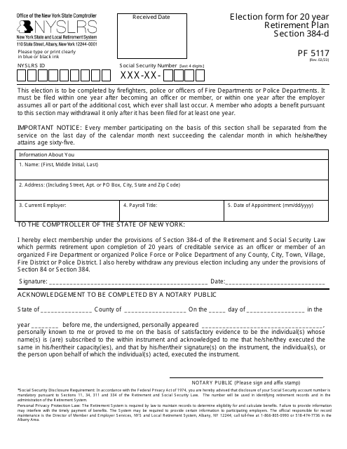 Form PF5117 Election Form for 20 Year Retirement Plan Section 384-d - New York