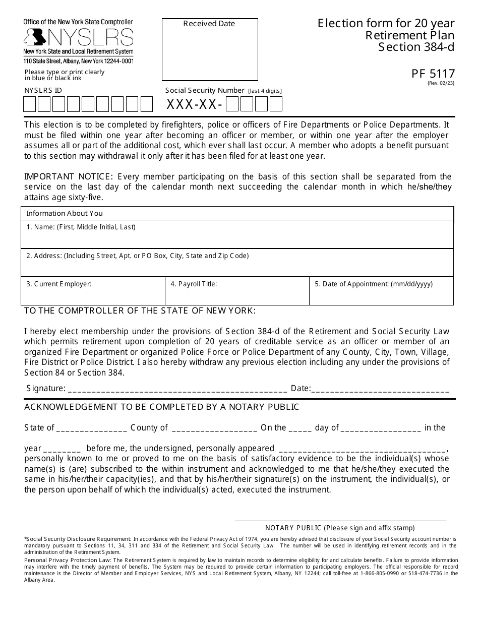 Form PF5117 Election Form for 20 Year Retirement Plan Section 384-d - New York, Page 1