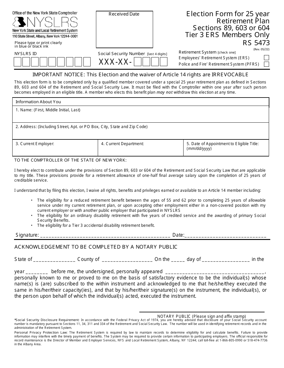 Form RS5473 Election Form for 25 Year Retirement Plan Sections 89, 603 or 604 Tier 3 Ers Members Only - New York, Page 1