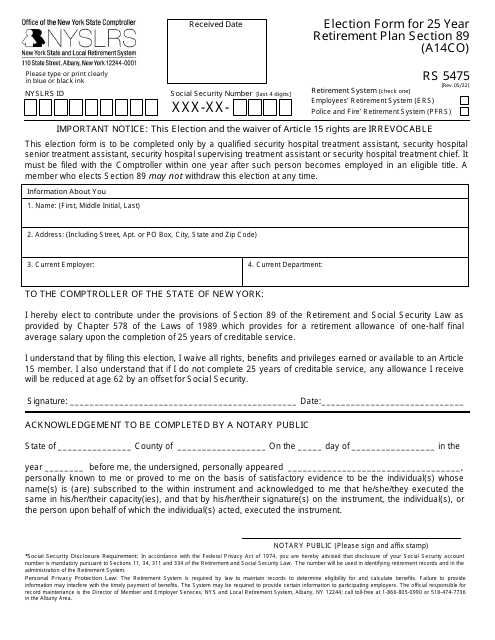 Form RS5475 Election Form for 25 Year Retirement Plan Section 89 (A14co) - New York