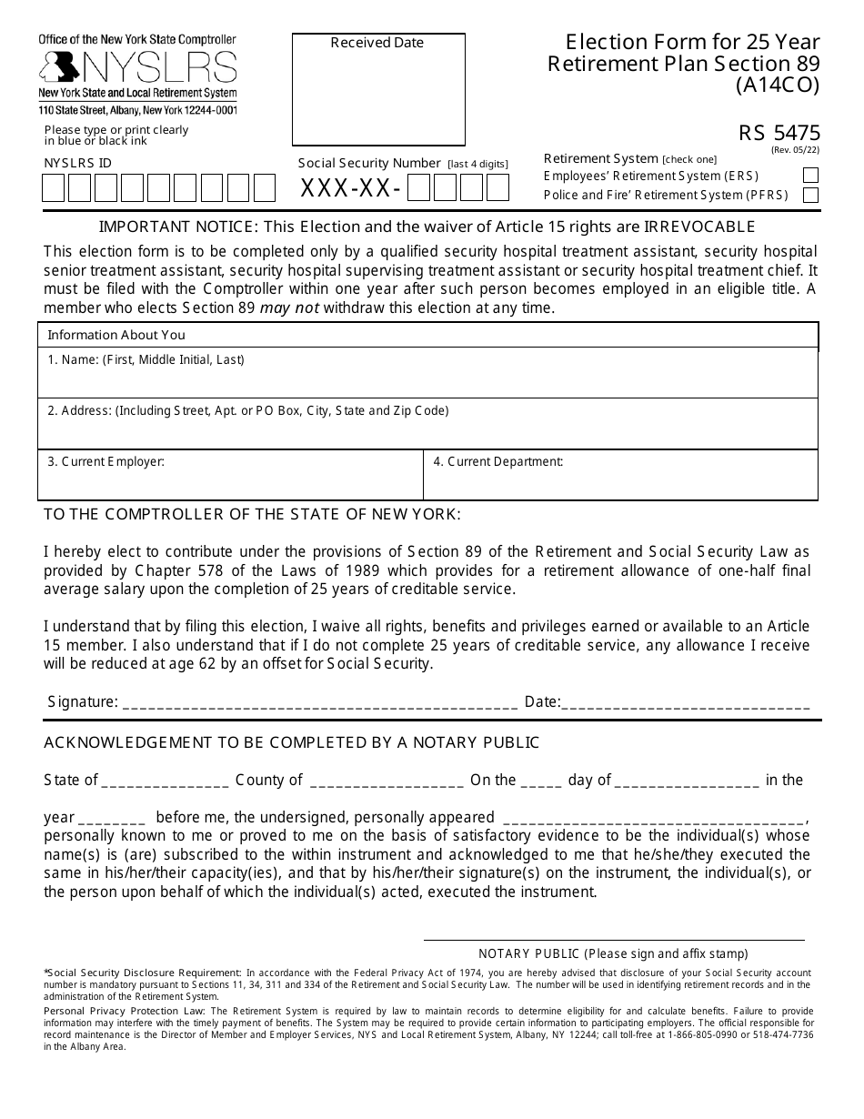 Form RS5475 Election Form for 25 Year Retirement Plan Section 89 (A14co) - New York, Page 1