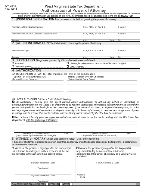 Form WV-2848 Authorization of Power of Attorney - West Virginia
