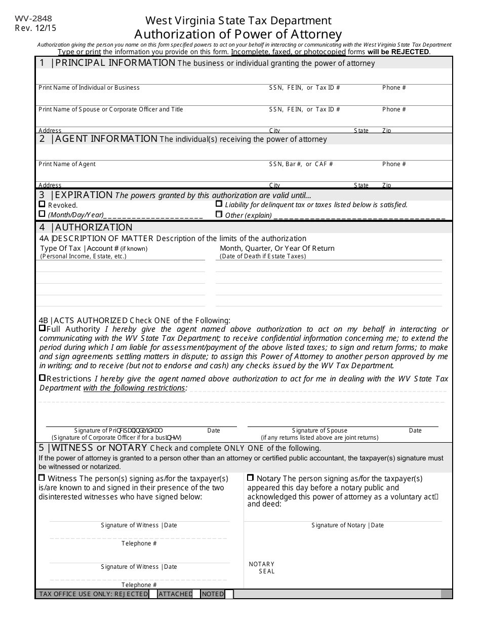 Form WV-2848 Authorization of Power of Attorney - West Virginia, Page 1