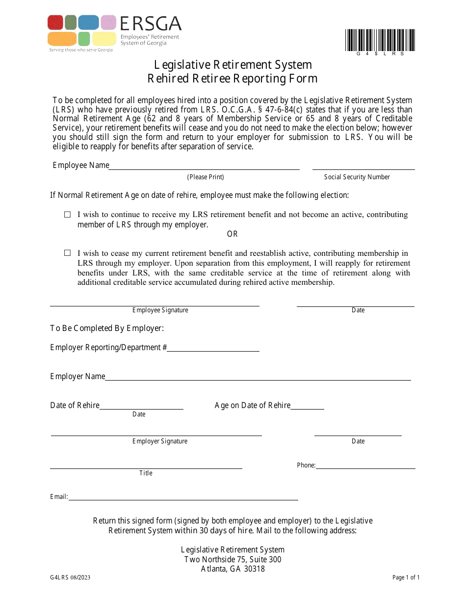 Form G4LRS Legislative Retirement System Rehired Retiree Reporting Form - Georgia (United States), Page 1