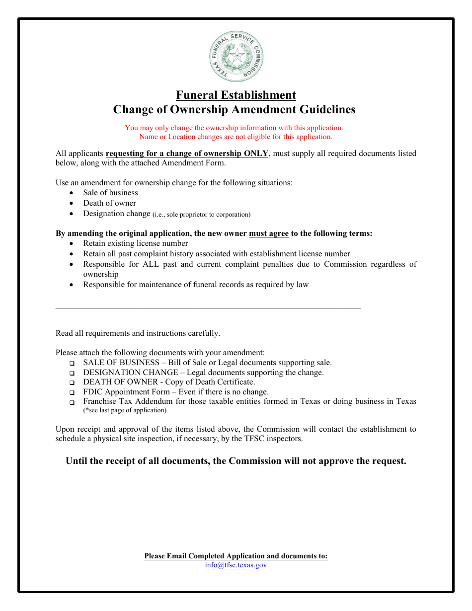 Funeral Establishment Change of Ownership Amendment - Texas, Page 1