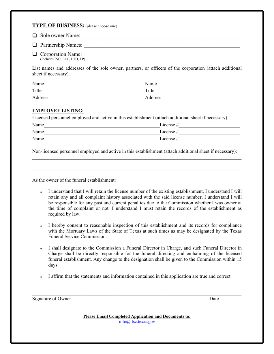 Funeral Establishment Change of Ownership Amendment - Texas, Page 3