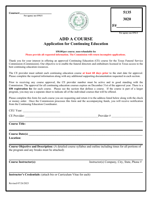 Add a Course Application for Continuing Education - Texas Download Pdf