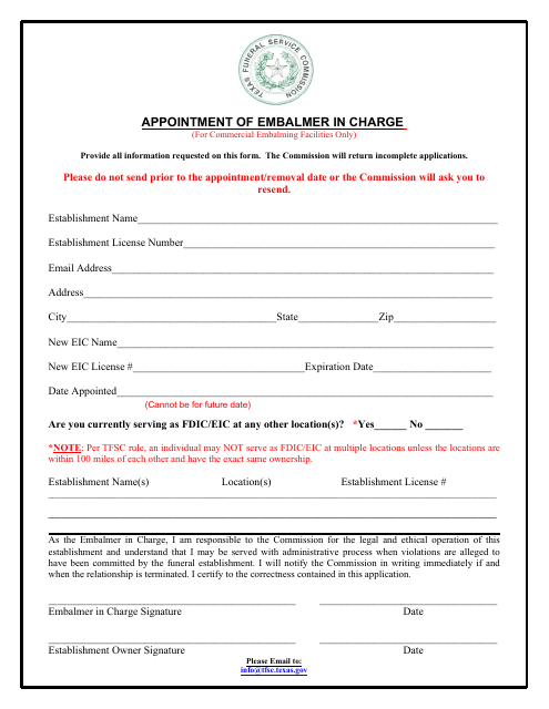 Appointment of Embalmer in Charge - Texas Download Pdf