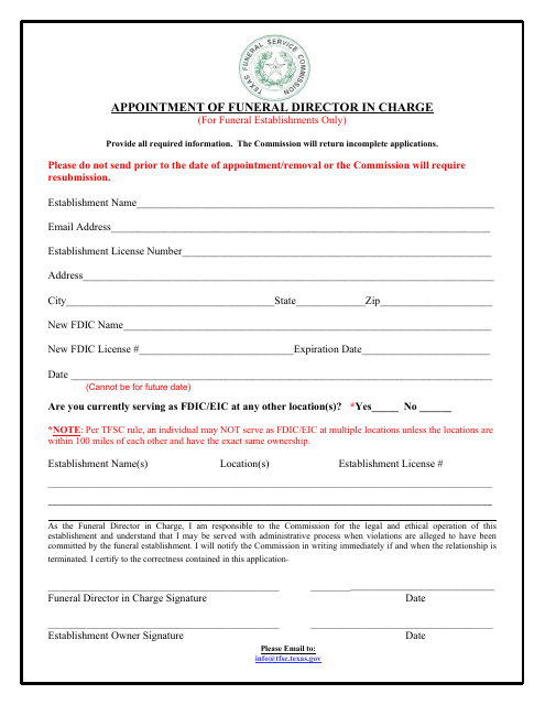 Appointment of Funeral Director in Charge - Texas Download Pdf