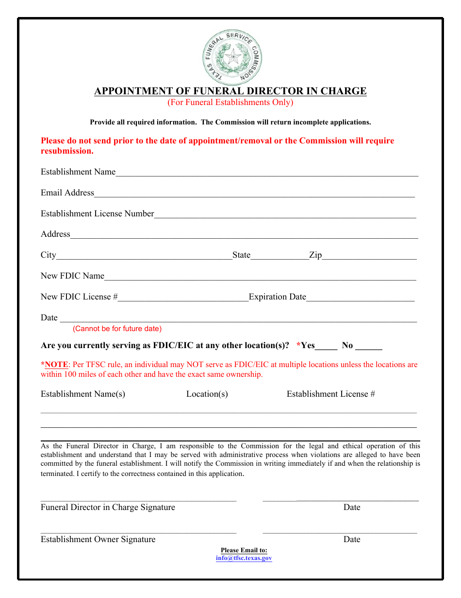 Appointment of Funeral Director in Charge - Texas, Page 1