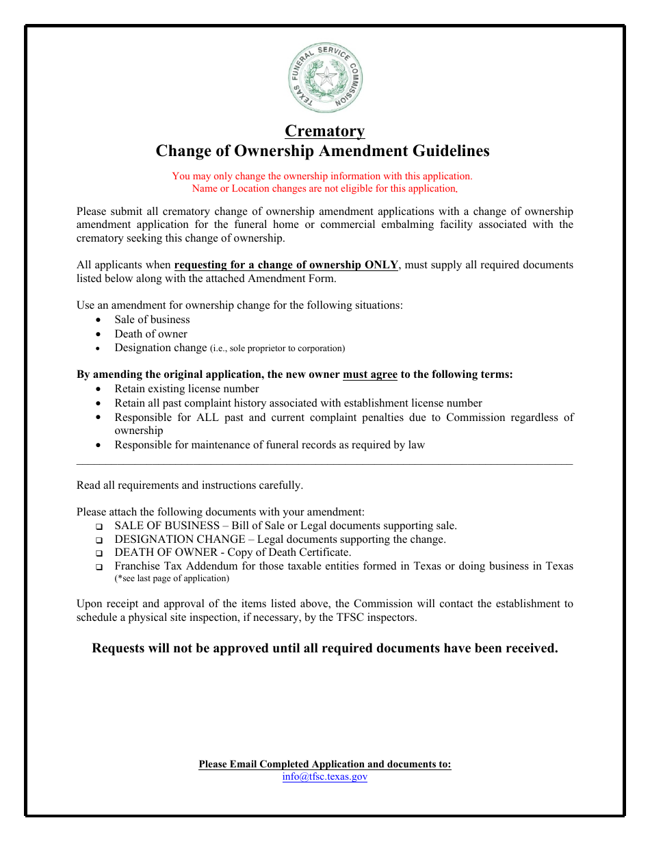 Crematory Change of Ownership Amendment - Texas, Page 1