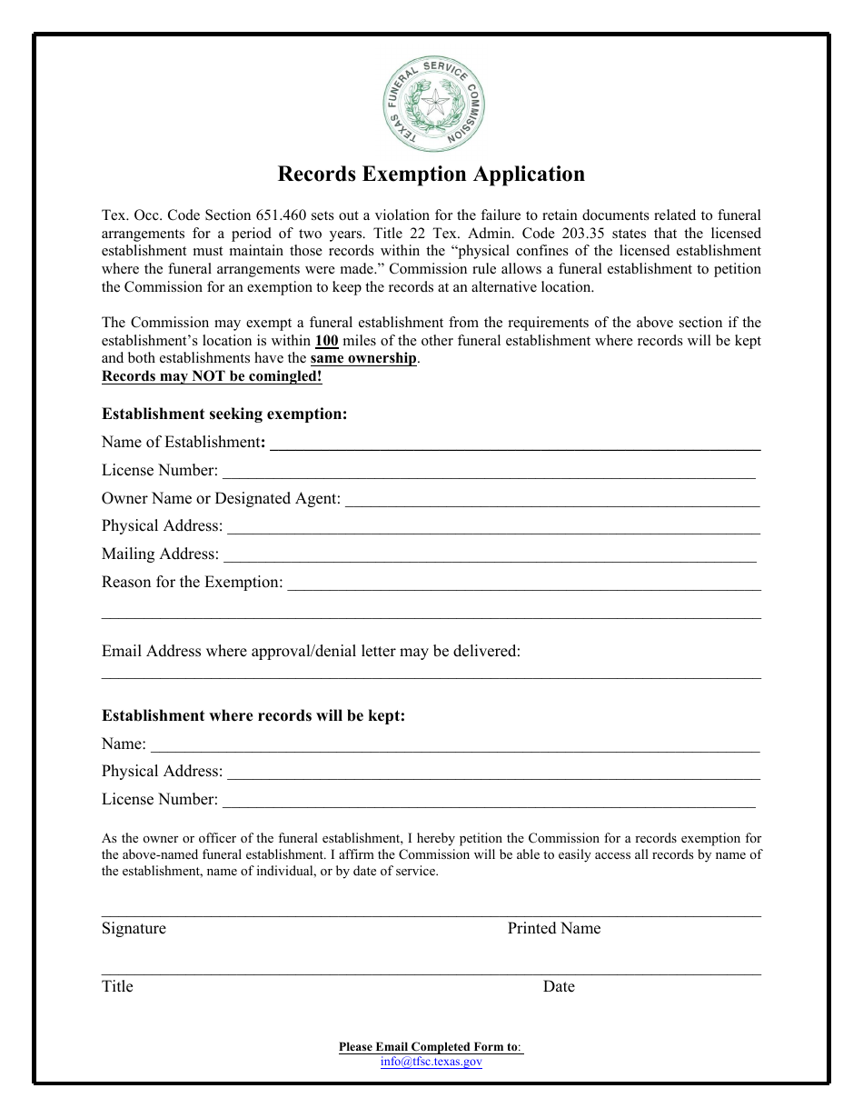 Records Exemption Application - Texas, Page 1